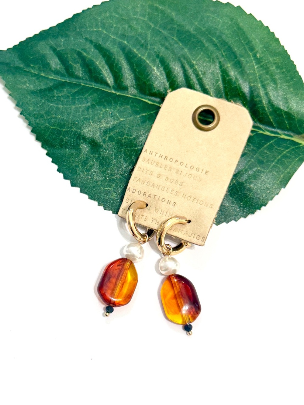 Anthropologie Tortoise & Pearl Gold Tone Dangle Earrings NWT